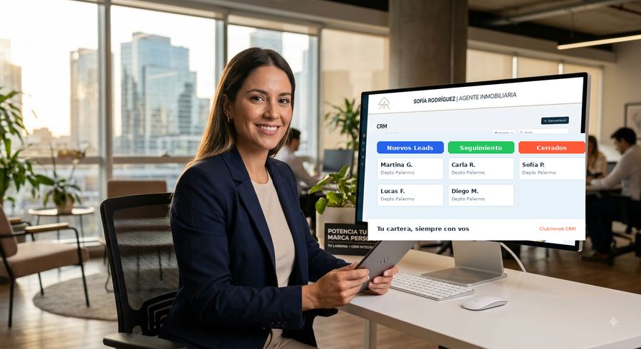 Agente inmobiliaria usando su CRM